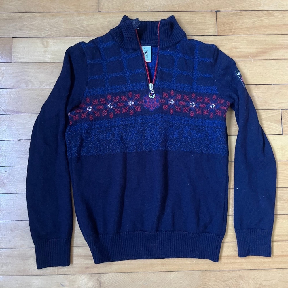 Dale of Norway Navy Blue Wool Fair Isle Quarter Zip Nordic Sweater Mens Small
